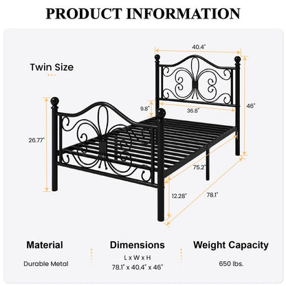 SHA CERLIN Twin Size Bed Frame for Kids,Metal Bed Frame with Butterfly Pattern Design Headboard and Footboard,No Box Spring Needed,Easy Assembly,Black