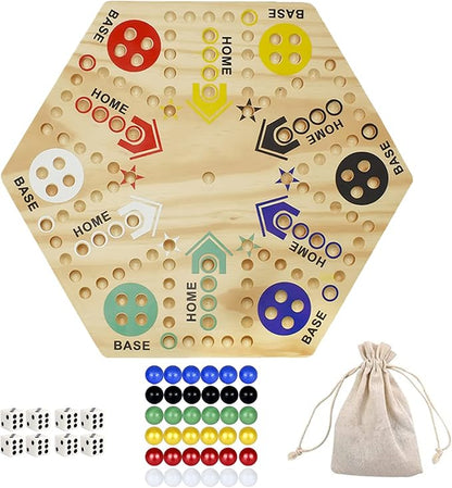 Original Marble Game Wahoo Board Game 16-Inch Double Side Painted Wooden Fast Track Board Game for 6 Player and 4 Player 6 Colors 36 Glass Marbles 8 Dice for Family Game Night Friends Party