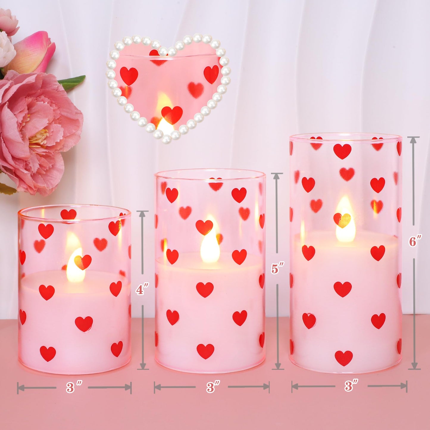 Valentines Flameless LED Pillar Candles, Battery Operated Red Heart Candles, Glass Pink Candles for Woman Gifts and Home Decor