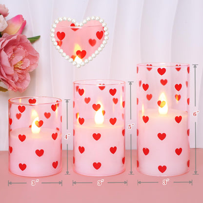 Valentines Flameless LED Pillar Candles, Battery Operated Red Heart Candles, Glass Pink Candles for Woman Gifts and Home Decor