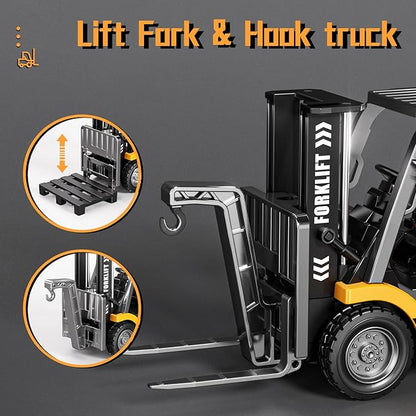 1/64 MINI RC Forklift ToyRemote Control Engineering Truck with Lights &amp Sounds2 in 1 Lift Fork &amp Hook Truck for Adults Boys Kids Age 6-8 8-12 Years Old.