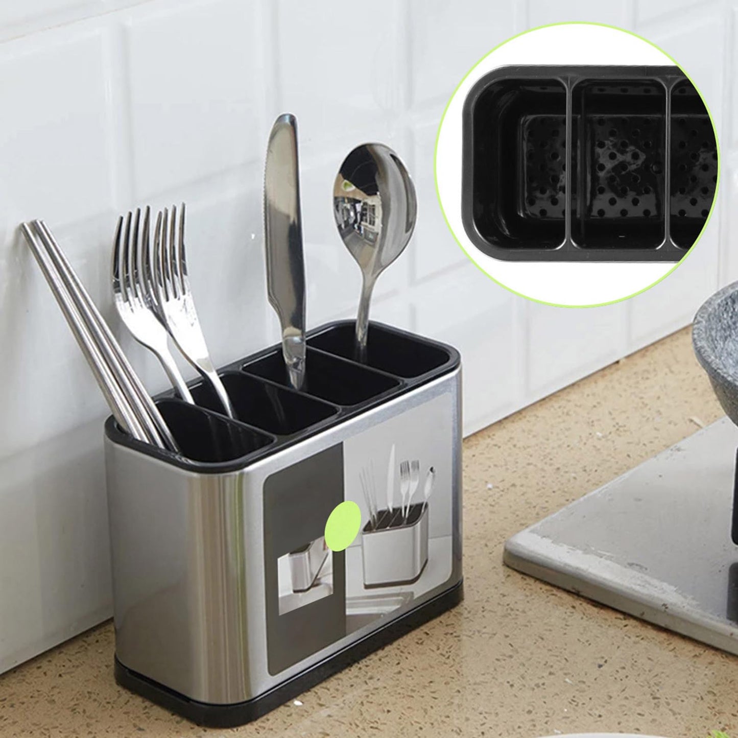 FAMIWIN Silverware Cutlery Organizer, Stainless Steel Kitchen Utensil Holder with 4 Compartments for Counter, Caddy Organizer for Faltware Spoon Fork and Tool