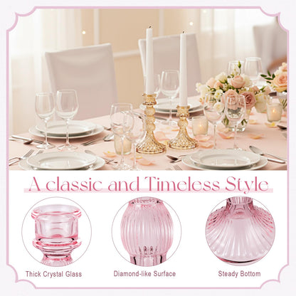 Mumufy 20 Pcs Glass Crystal Taper Candle Holders Clear Glass Candlestick Holder Fit 0.8 Inch Candles Crystal Decorative Candle Stand Centerpiece Table Wedding Dining Party(Pink)
