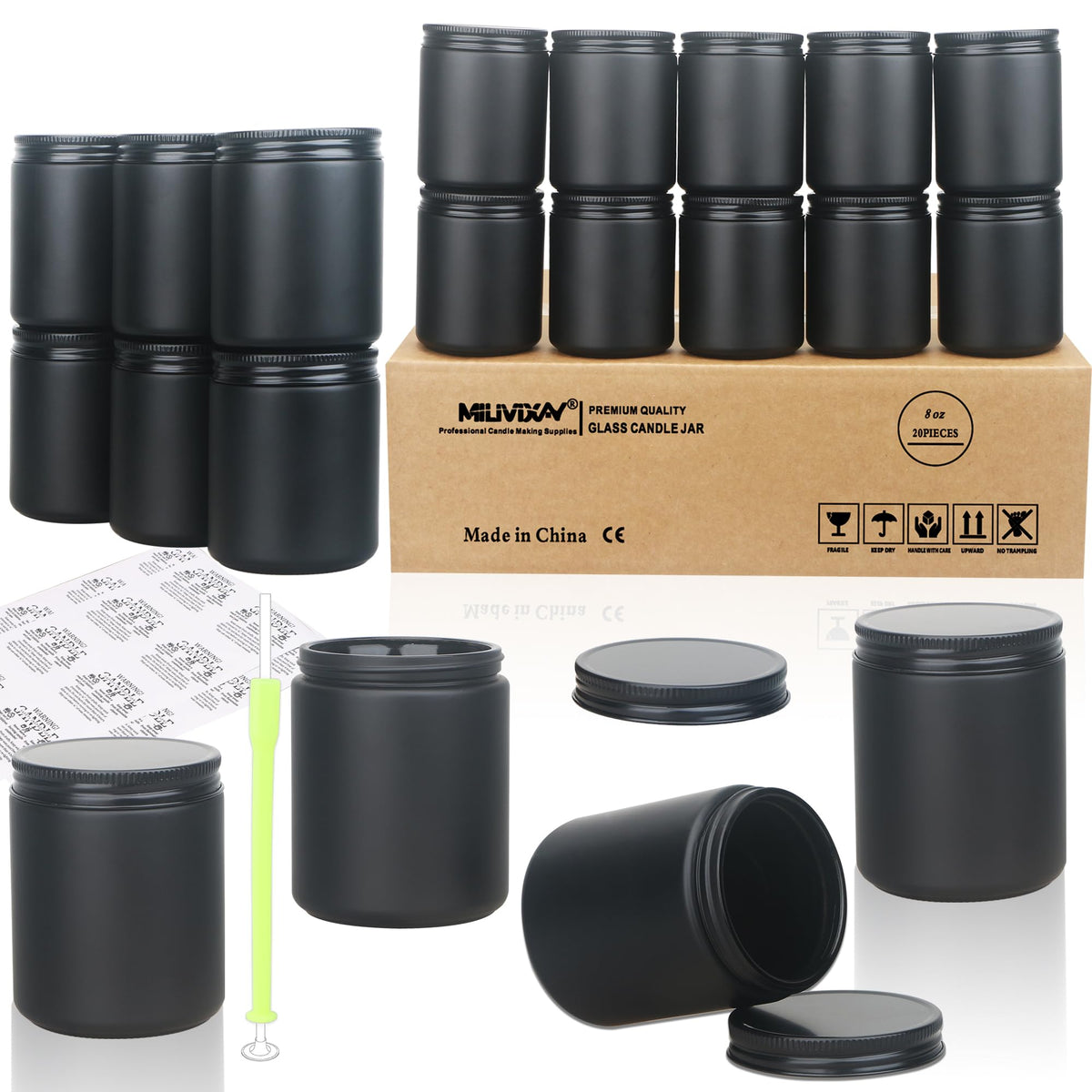 MILIVIXAY 20 Pack 8 OZ Thick Glass Matte Black Candle Jars with All Black Metal Lids-Bulk Empty Candle Jars for Making Candles-Canning Jar for Spice, Liquid, Sample- Dishwasher Safe.