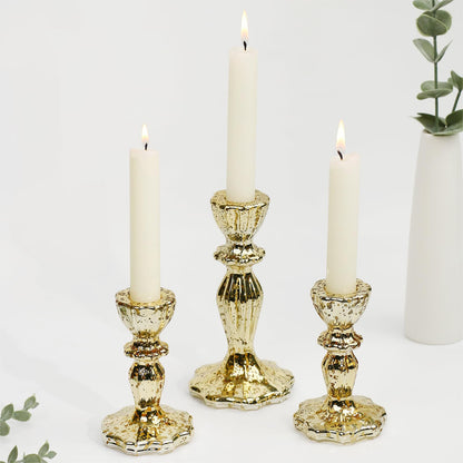 CHOCSTAY Candlestick Holders Set of 3, Gold Glass Mercury Candle Holders for Candlesticks, Table Centerpiece, Home Decor, Wedding, Birthday, Party, Christmas
