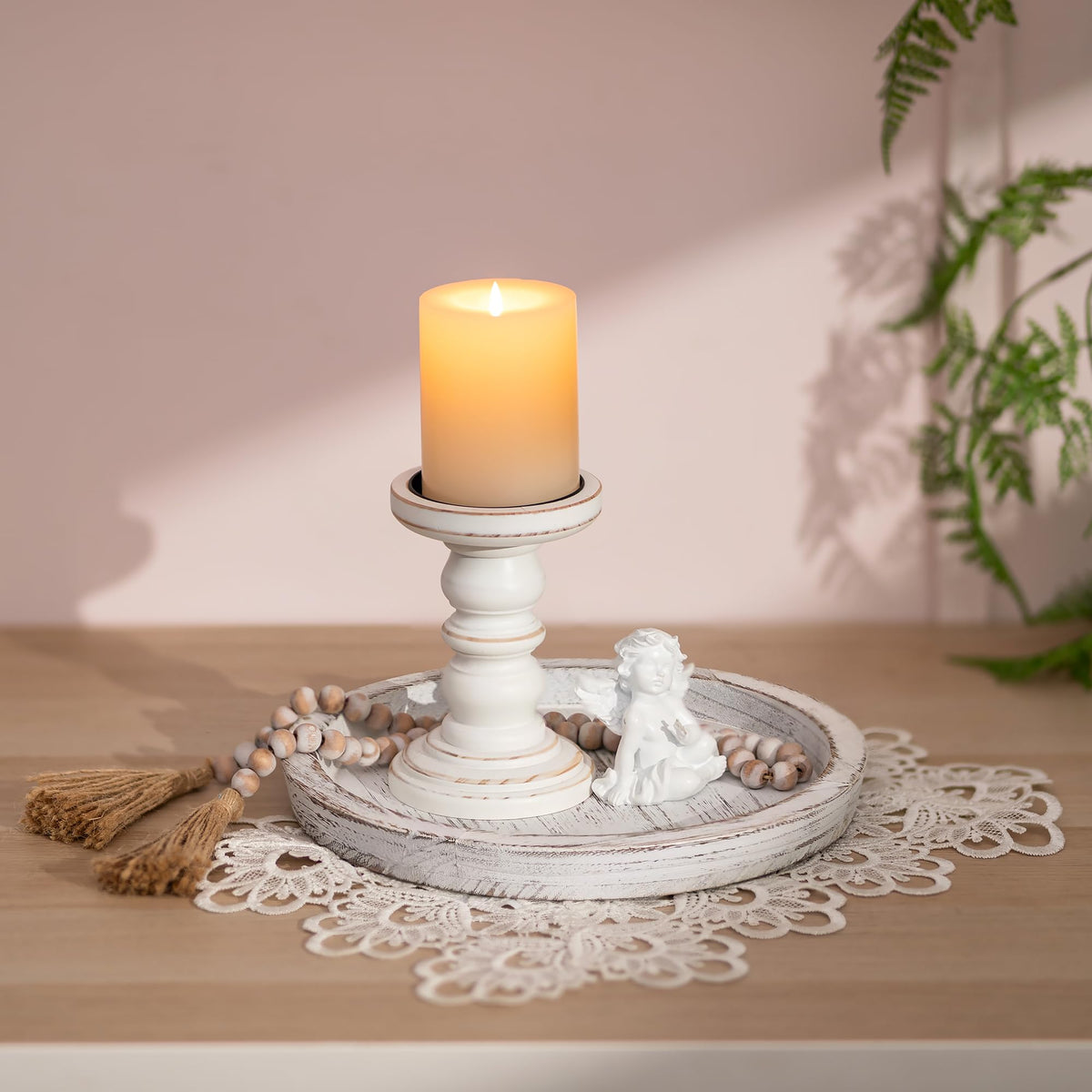 Romadedi Rustic Wooden Tray Candle Holder - Round Wood Decorative Pillar Candle Tray for Coffee Table Farmhouse Kitchen Countertop Organizer Home Decor Wedding Centerpiece, Distressed White