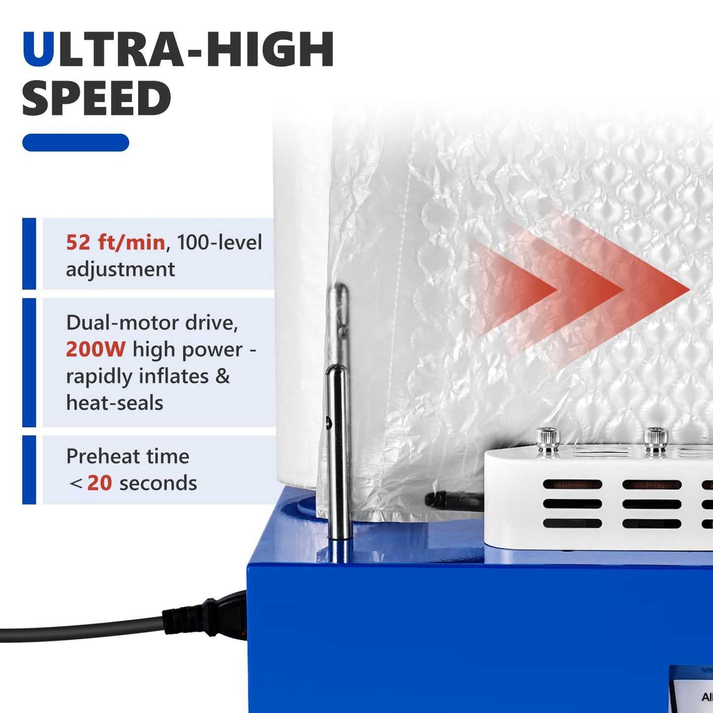 Saladulce 52ft/min High-Speed Bubble Wrap Machine - 280L/min Air Flow, Adjustable 4-27 Inch Air Cushion/Pillow Making Machine with 1 Test Film (110V)