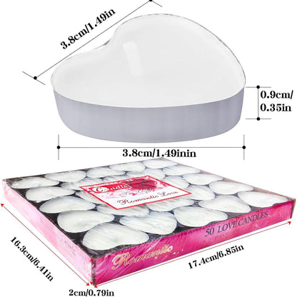 IJRPLM 50 Pack Heart Shaped Tealight Candles, Romantic Love Unscented Tea Lights Candles, Dripless & Long Lasting Smokeless, Mini Tealight Candle for Wedding Party Home Decor, White
