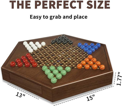 Chinese Checkers Board Game - 15” Large Wooden Checkers Game with Storage Drawer 16mm Glass Marbles (60 + 12 Extras) Classic Family Strategy Game for 2-6 Players