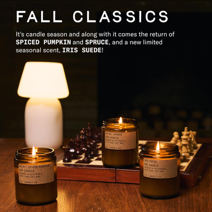 P.F. Candle Co. Seasonal Fall Autumn Scented Soy Wax Candle - (7.2 oz) 40-50 Hour Burn Time, Amber Glass Jar, Made in The U.S.A. (Spruce)