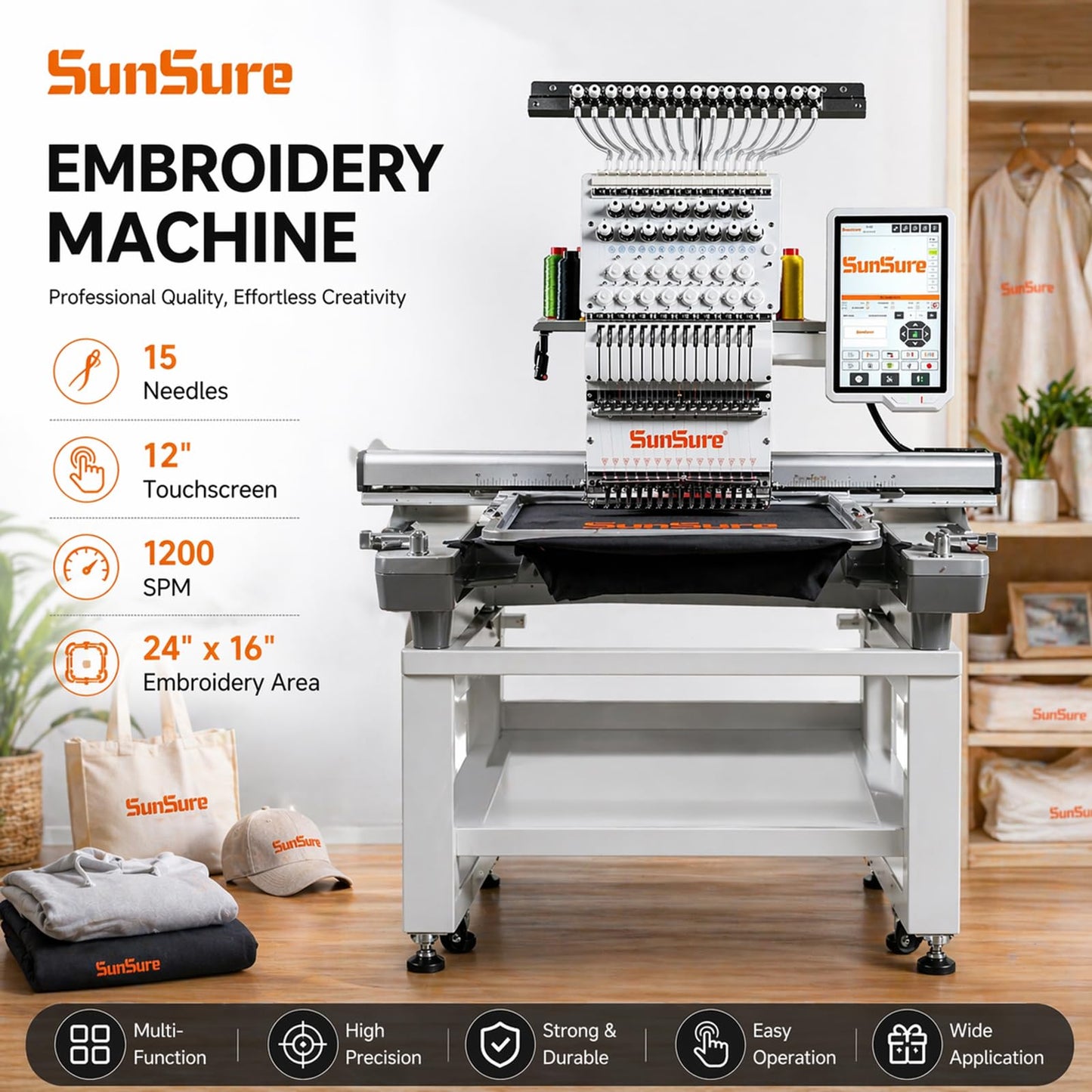 SUNSURE 15-Needle Super Silent Commercial Embroidery Machine, 24″ x 16″ Large Embroidery Area, 1200 SPM Speed, 12 inch Touchscreen, 3D&2D Cap,flat System Included, Pattern Free Design Support