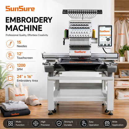 SUNSURE 15-Needle Super Silent Commercial Embroidery Machine, 24″ x 16″ Large Embroidery Area, 1200 SPM Speed, 12 inch Touchscreen, 3D&2D Cap,flat System Included, Pattern Free Design Support