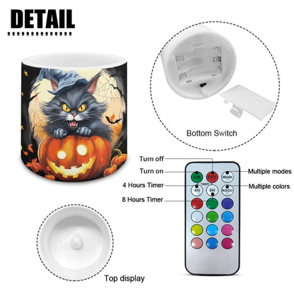 Merkmak Set of 4 Flameless Candles, Halloween Pumpkin Cat Battery Operated LED Candles with Timer Remote Control Tea Lights for Trick or Treat Party Home Decorations