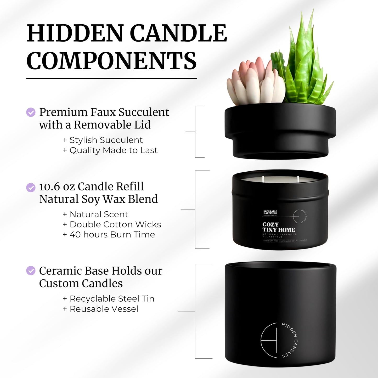 Hidden Candle – Cozy Tiny Home | Vanilla, Lavender & Eucalyptus Scented Candle with Faux Succulent | 10.6oz Soy Wax Refill, Ceramic Vessel | Long-Lasting, Decorative, Gift for Women & Men, Home Décor