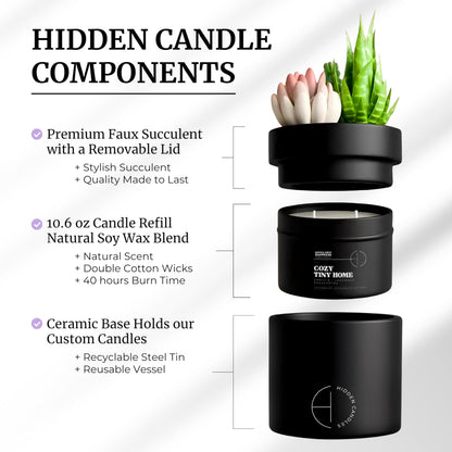 Hidden Candle – Cozy Tiny Home | Vanilla, Lavender & Eucalyptus Scented Candle with Faux Succulent | 10.6oz Soy Wax Refill, Ceramic Vessel | Long-Lasting, Decorative, Gift for Women & Men, Home Décor