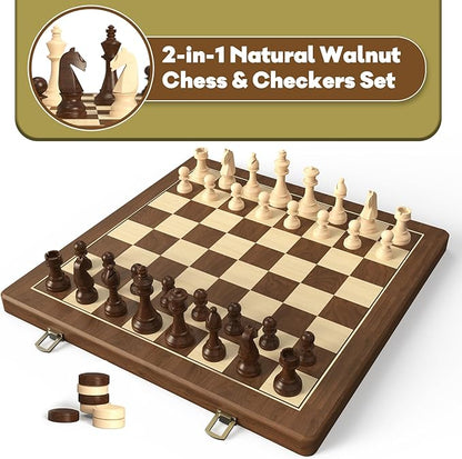Premium Natural Walnut 15 Magnetic Wooden Folding Chess &amp Checkers Set- 2 in 1 Board Game with 3 King Staunton Pieces and 2 Extra Queens Checkers and Dust-Proof Storage Bag (Red)