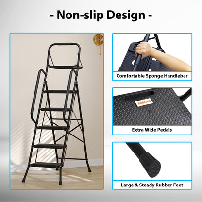 BONTEC 5-Step Ladder, 400lbs Max Load, Folding Step Stool with Tool Tray, Tool Bag, Handrails, Wide Anti-Slip Pedals, Sturdy Steel Ladder for Household & Work Use, Black