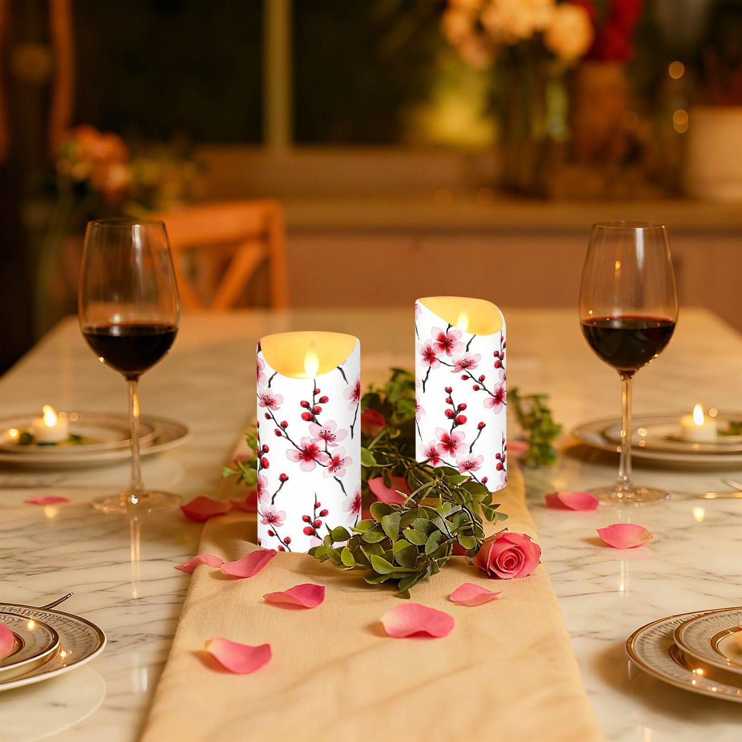 ALAZA Cherry Blossoms Pink Red Flickering Flameless Candles Battery Operated with Remote Timer,Tea Light Candles LED Pillar Votive Set of 2 for Outdoor Indoor Decorations 3" x5.9"