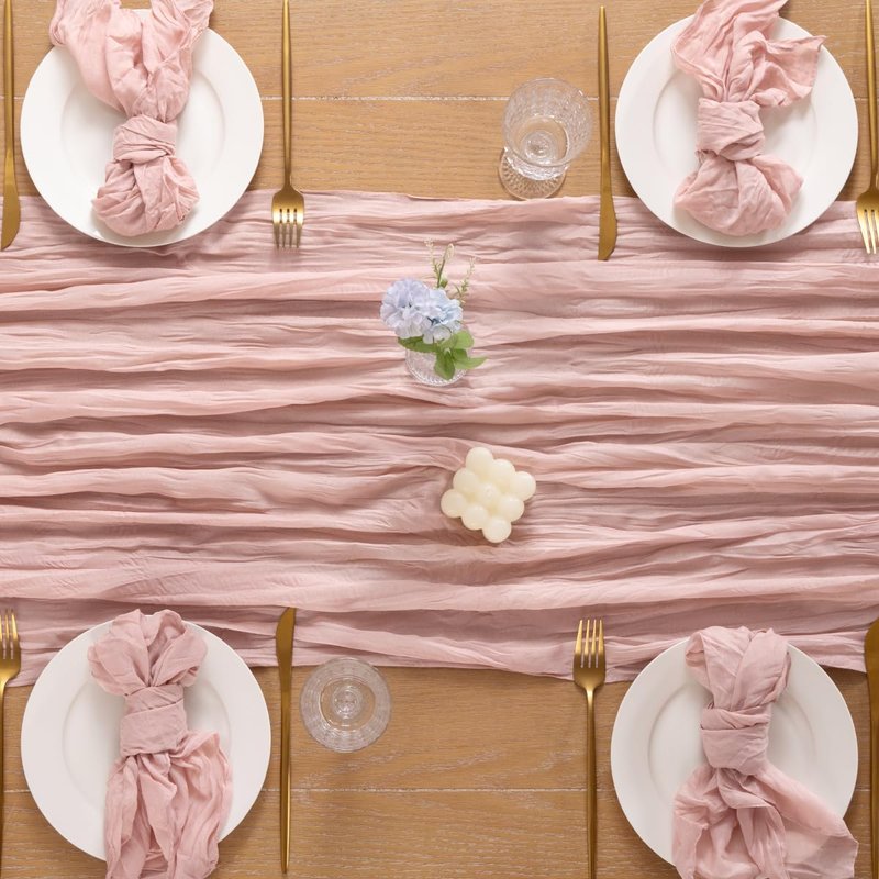 Loopiske Dusty Pink Cheesecloth Table Runner 12pcs 10FT Boho Rustic Gauze Cheese Cloth Table Runner 35x120 Inch for Spring Wedding Bridal Girl Baby Shower Birthday Home Decor