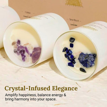 AvaConcept Healing Crystal Candle Gift Set – Set of 3 Citrine, Amethyst & Lazurite Hand-Poured Soy Wax French Vanilla, Lavender & Sea Salt Orchid Aromatherapy Scents 3.5oz Each | Premium Gift Box