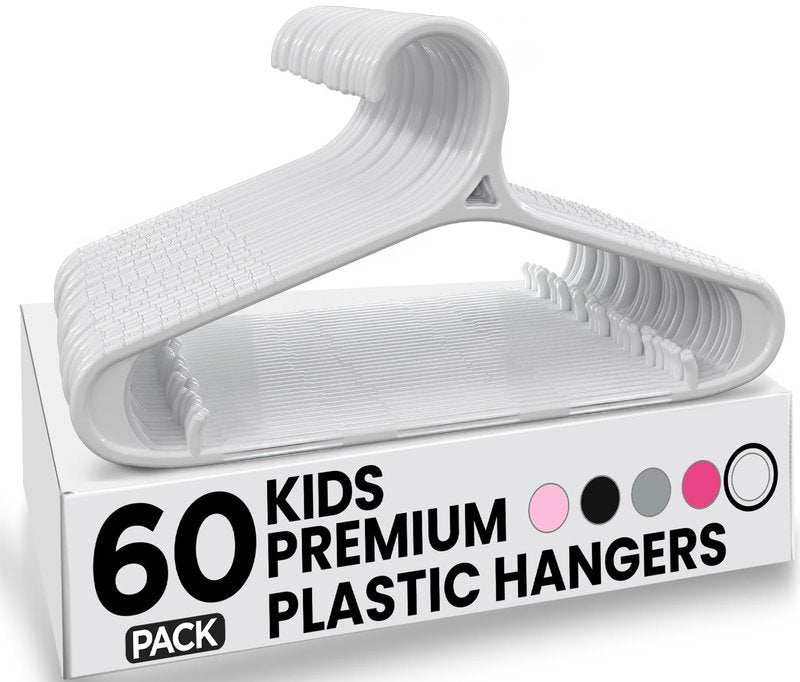 Utopia Home Kids Hangers 60 Pack - 11 Inch Plastic Baby Hangers for Closet - Childrens Hanger for Clothes & Infant Hanger for Closet - Non-Slip Shoulder Grooves, Strap Hooks & Pants Bar (White)