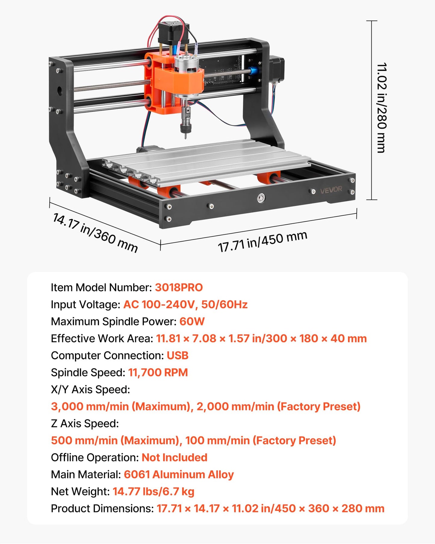 VEVOR 3018 CNC Router Machine, 60W Spindle, 3-Axis Wood Engraving Milling Machine, with 300 x 180 x 40 mm Working Area, Aluminum Alloy Construction, Rotary Knob, for Wood Acrylic Carving Cutting