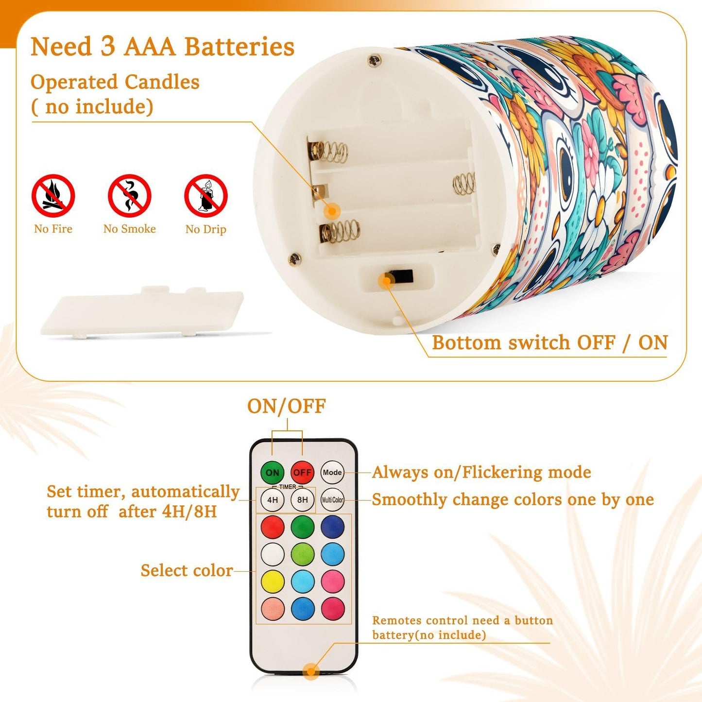 ALAZA Little Cute Owl Flowers Flameless Candles, LED Pillar Candles with Remote Timer, Battery Operated Candles Set of 2