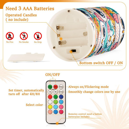 ALAZA Little Cute Owl Flowers Flameless Candles, LED Pillar Candles with Remote Timer, Battery Operated Candles Set of 2