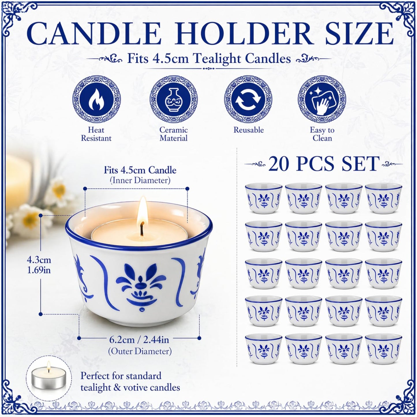Teenyyou 20 Pcs Tealight Candle Holders Bulk Blue and White Votive Candle Holders Chinoiserie Ceramic Gifts for Wedding Table Centerpiece Decor