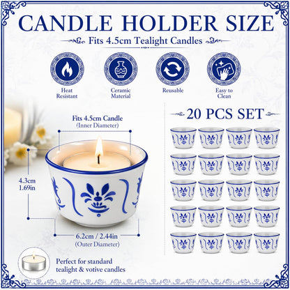 Teenyyou 20 Pcs Tealight Candle Holders Bulk Blue and White Votive Candle Holders Chinoiserie Ceramic Gifts for Wedding Table Centerpiece Decor