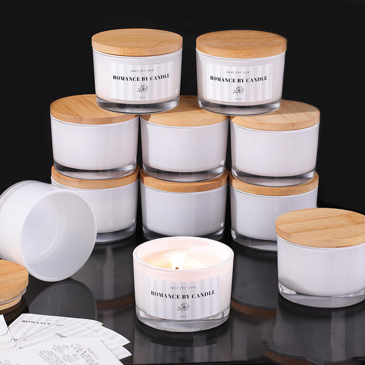 12 PCS White Candle Jars for Making Candles, 4 OZ Glass Jars with Bamboo Lids and Sticky Warning Labels, Candle Containers for DIY Gifts, Candle Making Supplies
