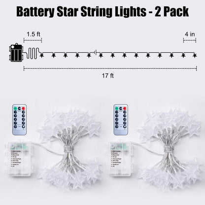 Brightown Star String Lights Battery Operated - 17 ft 50 LED Star Fairy String Lights with Remote and Timer, 8 Modes Waterproof for Bedroom Tent Loft Bed Patio Party Wedding Decor, White
