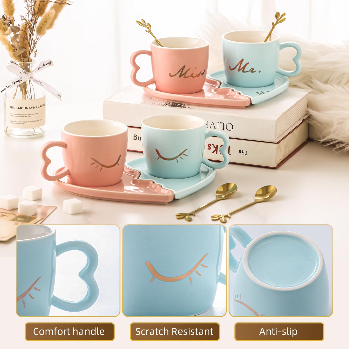 DELARLOCHEF 6Oz Mr and Mrs mug Heart Shaped Ceramic Mugs with Saucer & Golden Spoon. Perfect for Engagement, Wedding.Couple Mugs Graduation gifts father's day gifts
