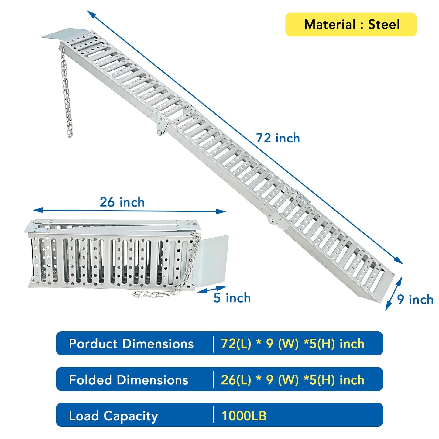 72x9 Inch Foldable Ramps, Folds into Three Sections, Set of Two ATV Ramp, Silver Color, Total Weight Capacity 1500 lbs Ramp for Lawn Mower