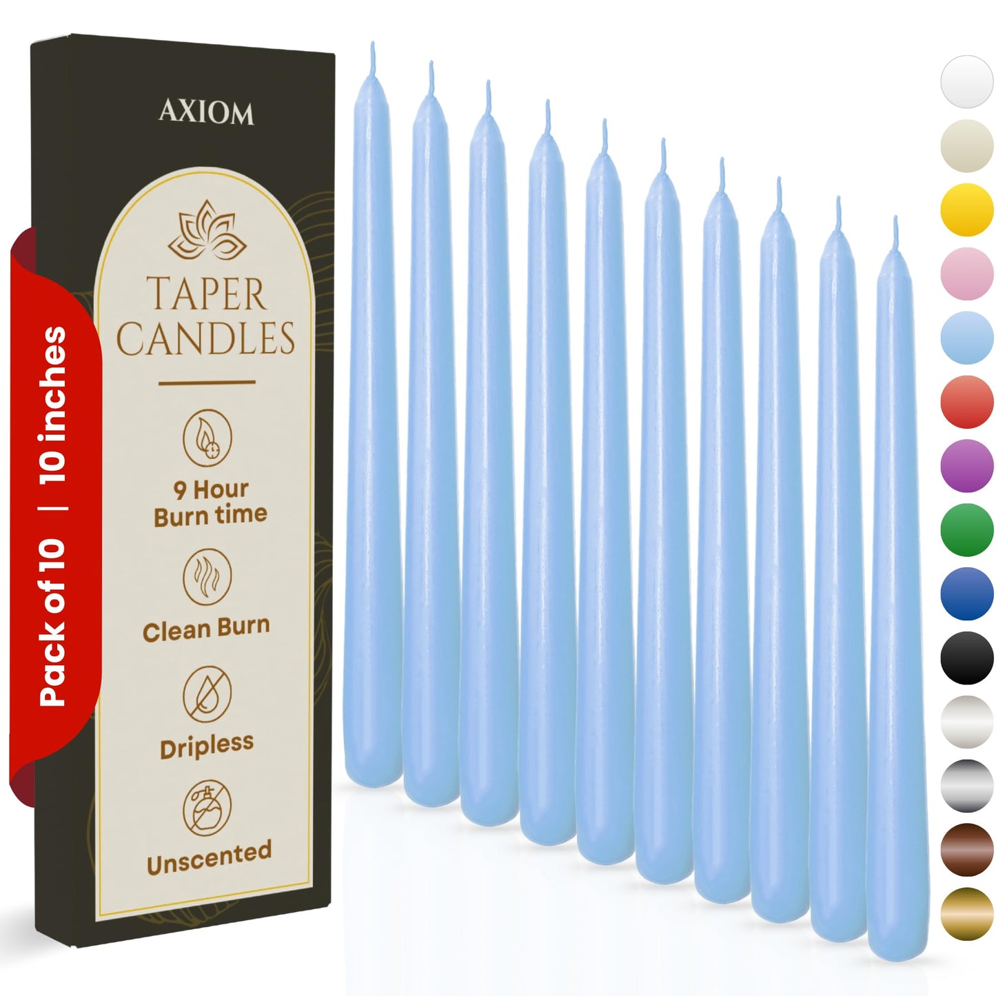 Axiom Candles - 10 Inch Dripless - Unscented Smokeless Tall Candle Sticks - 9 Hour Burn Time - Tapered Candles for Home, Dinners, Weddings, Parties (Taper Candle, Baby Blue, Pack of 10)