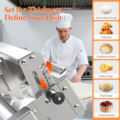 32.6" x 11.8" Folding Manual Dough Sheeter with PE Board – Stainless Steel Countertop Dough Roller Machine, Adjustable Thickness (0–25mm) for Pastry, Pizza, Croissant, Cookie & Pasta