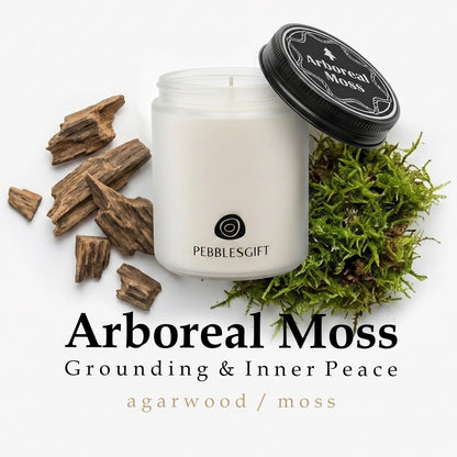 PebblesGift Wood Scented Arboreal Moss Candle 9oz Soy Wax Frosted Glass Jar for Home Decor - Scent Hunter Project Aroma Discovery Card Included - Ideal Gift for Self-Care & Relaxation