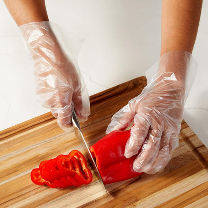 Juvale 100-Pack Transparent Plastic Disposable Food-Safe Gloves for Cooking, Kitchen Prep, Baking, and Food Handling (One Size Fits Most, Clear) - Plastic Gloves
