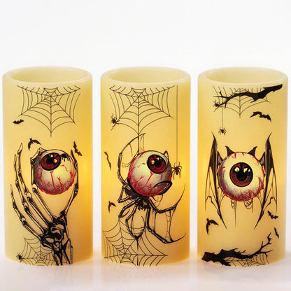 Eldnacele Halloween Flameless Flickering Candles with Timer, Battery Operated Spider Eyeballs, Bat Eyeballs, Skeleton Hand Eyeballs Decals Real Wax LED Pillar Candles Horror Spooky Decor(3pcs,D3×H6)