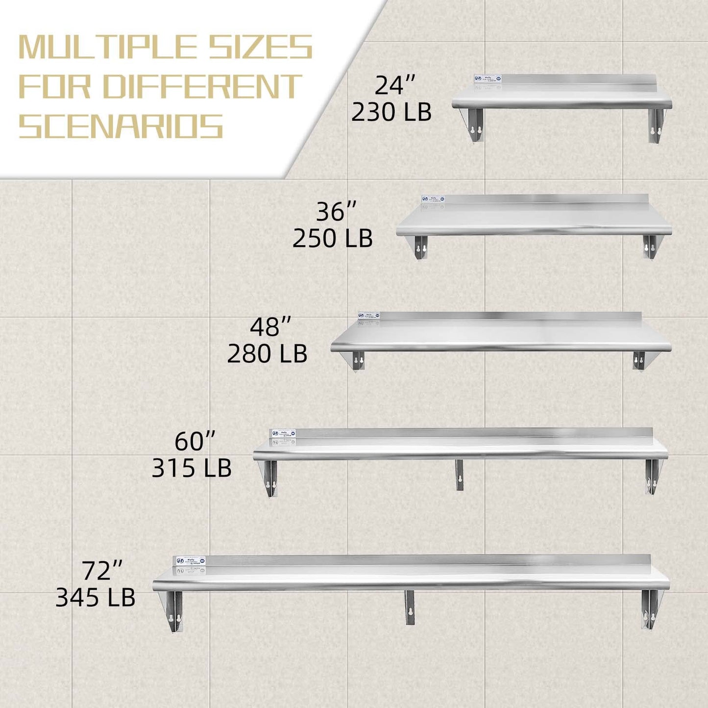 Hally Stainless Steel Shelf 12 x 72 Inches 345 lb, NSF Commercial Wall Mount Floating Shelving for Restaurant, Kitchen, Home and Hotel