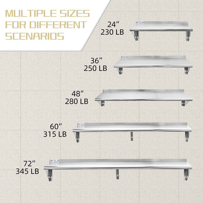 Hally Stainless Steel Shelf 12 x 72 Inches 345 lb, NSF Commercial Wall Mount Floating Shelving for Restaurant, Kitchen, Home and Hotel