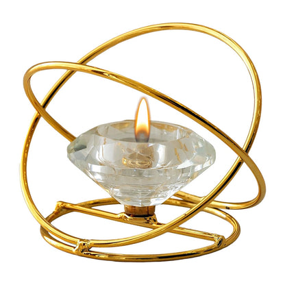 Modern Geometric Candle Holder – Metal & Crystal Design for Taper and Tealight Candles – Tabletop Home Decor (Candle Not Included) (Gold)