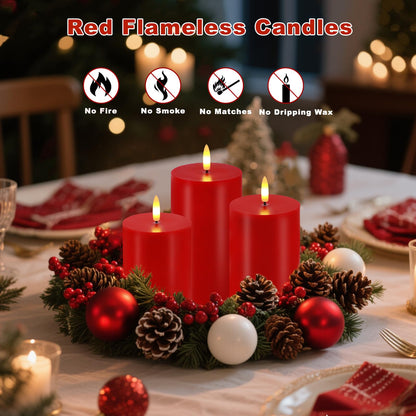 Red Flameless Candles, Set of 3 Flickering LED Candles with Remote & Timer, Dimmable Real Wax Electric Pillar Candles Battery Operated, Christmas Flameless Candles Light for Home Xmas Decor (Red)