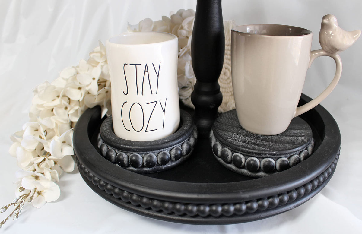Felt Creative Home Goods Set of 2 Round Rustic Wood Beaded Risers - Sturdy 2-Sided Stackable Decor Pedestal Stands for Tiered Tray, Candle, Mug Display (Rustic Black, 5 inch)