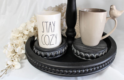 Felt Creative Home Goods Set of 2 Round Rustic Wood Beaded Risers - Sturdy 2-Sided Stackable Decor Pedestal Stands for Tiered Tray, Candle, Mug Display (Rustic Black, 5 inch)