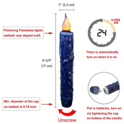 CVHOMEDECO. Real Wax Hand Dipped Battery Operated LED Timer Taper Candles Rustic Primitive Flameless Lights Decor, 6-3/4 Inch, Navy Blue, 2 PCS in a Package