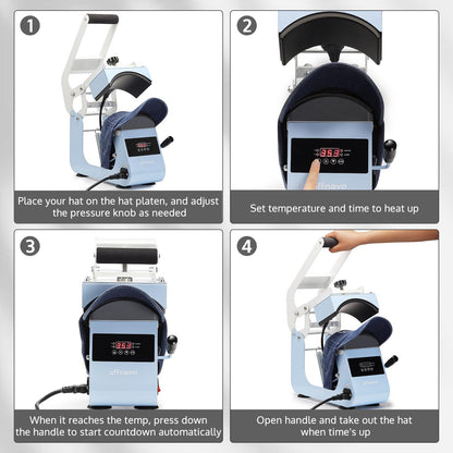OFFNOVA Hat Heat Press Machine for Caps with 2 Interchangeable Platens, Temp & Time Control with Auto Countdown, Efficient Heat Transfer for HTV Iron On and Sublimation Projects (Handle-Blue)