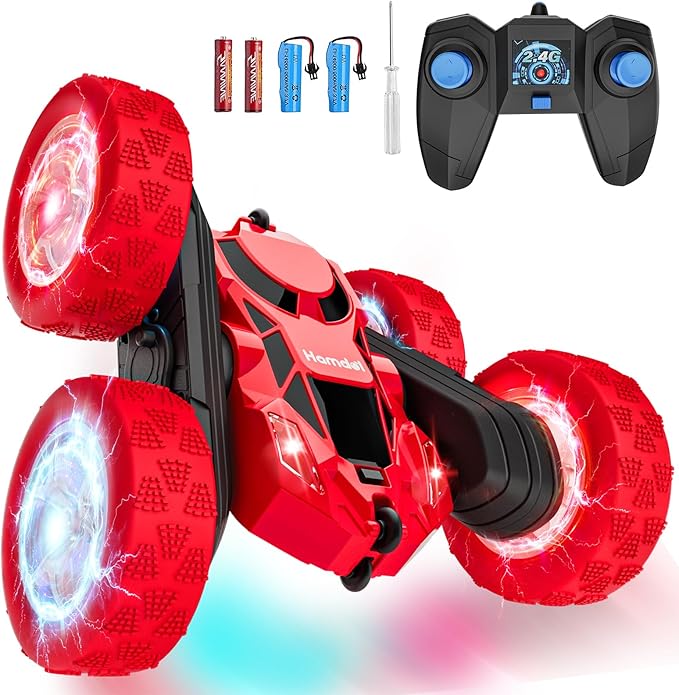 Remote Control Car for Kids Ages 6-12 4WD RC Stunt Car with LED Lights &amp 360° Flips 2.4GHz Fast Electric Toy Vehicle Upgraded Battery Birthday for Boys Ages 8-10