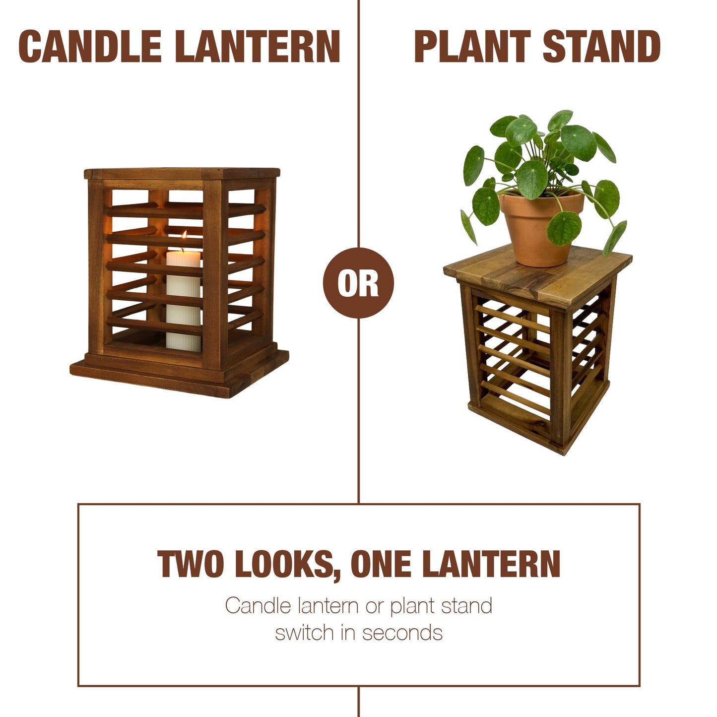GREEN ALLUVIUM Premium 11.5" H Lantern Decorative Indoor & Outdoor - Large Wooden Candle Lantern & Plant Stand for Holiday Decor, Farmhouse, Patio, Table | Golden Teak Finish