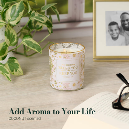 Christian Art Gifts Lord Bless You Scented Candle: Soy Wax, Pure Essential Oils, Cactus Blossom & Coconut Scent, Bible Verse, Floral Design Glass Jar, Encouragement Gift for Women, 40 Hours Burn Time